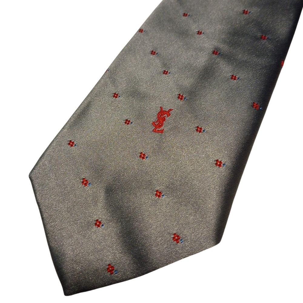 Yves Saint Laurent Mens Silk Tie Charcoal Grey Red Floral Embroidered YSL Logo